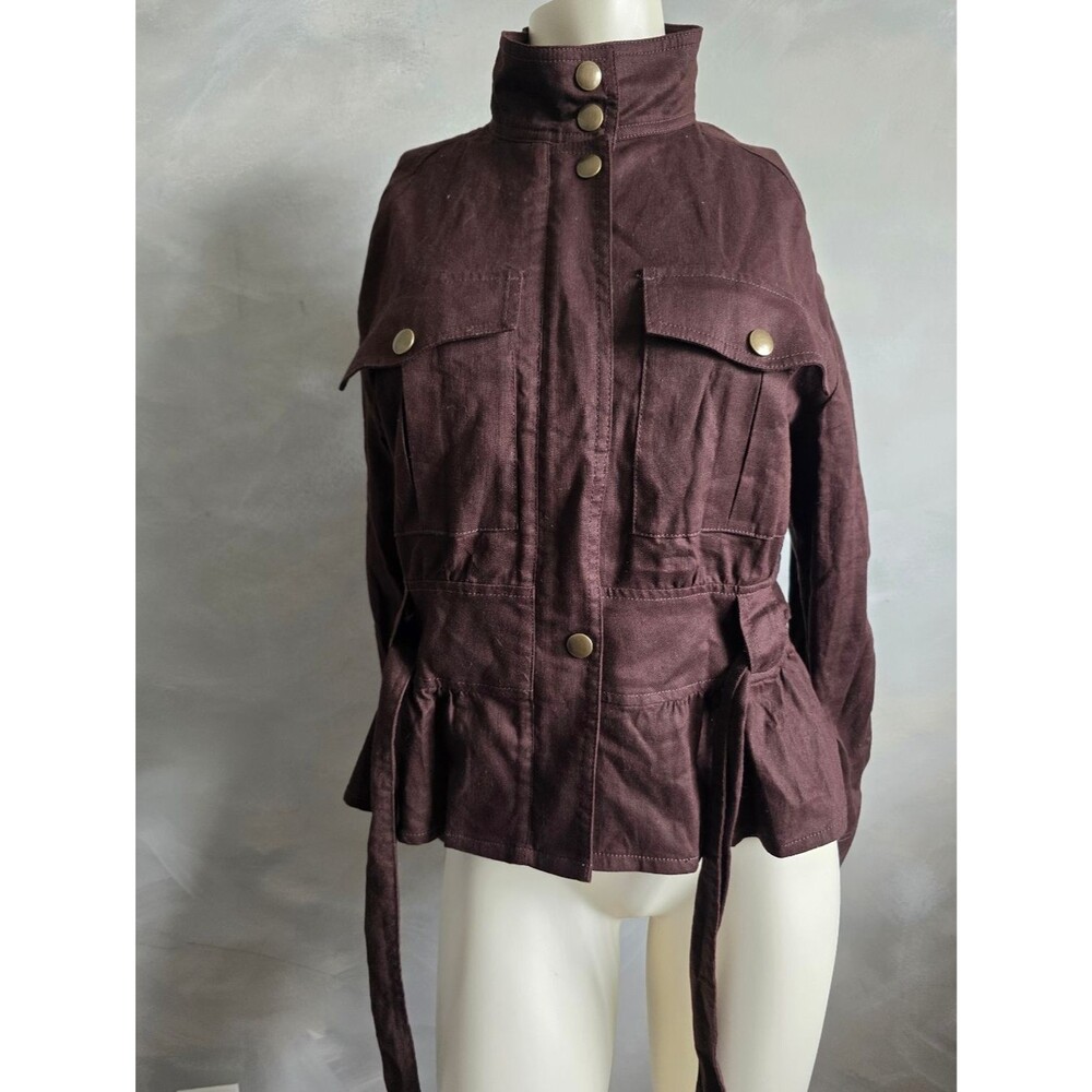 Banana Republic Linen Aviator Tie Waist Jacket Top Bark Brown Sz S High Neck - Picture 7 of 11